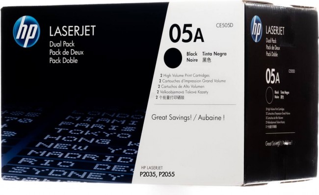 CE505D (05A) оригинальный картридж HP для принтера HP LaserJet P2033/ P2034/ P2035/ P2036/ P2037/ P2053/ P2054/ P2055/ P2056/ P2057d black, двойная упаковка 2*2300 страниц CE505D (05A) оригинальный картридж HP для принтера HP LaserJet P2033/ P2034/ P2035/ P2036/ P2037/ P2053/ P2054/ P2055/ P2056/ P2057d black, двойная упаковка 2*2300 страниц