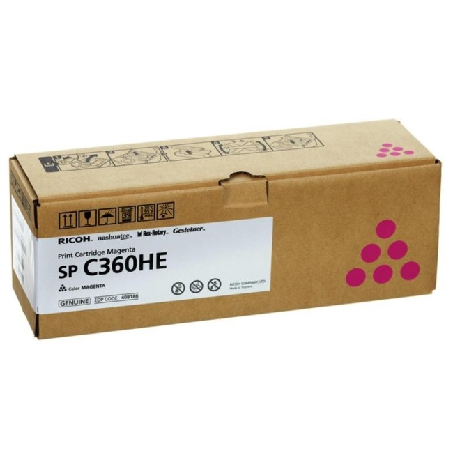 Картридж Ricoh SP C360HE (408186) Magenta оригинальный для Ricoh SP C360DNw/ C360SNw/ C360SFNw/ C361SFNw, пурпурный, увеличенный, 6000 страниц