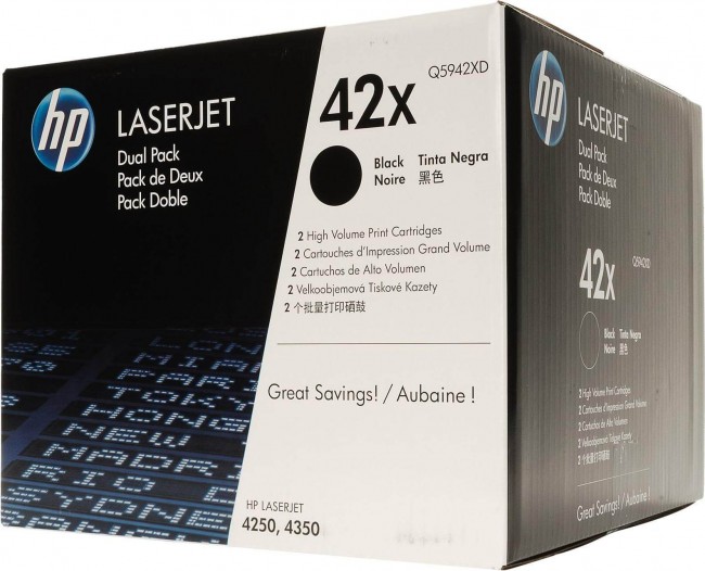 Q5942XD (42X) оригинальный картридж HP для принтера HP LaserJet 4240/ 4240n/ 4250/ 4250n/ 4250tn/ 4250dtn/ 4250dtnsl/ 4350/ 4350n/ 4350tn/ 4350dtn/ 4350dtns black, двойная упаковка 2*20000 страниц Q5942XD (42X) оригинальный картридж HP для принтера HP LaserJet 4240/ 4240n/ 4250/ 4250n/ 4250tn/ 4250dtn/ 4250dtnsl/ 4350/ 4350n/ 4350tn/ 4350dtn/ 4350dtns black, двойная упаковка 2*20000 страниц