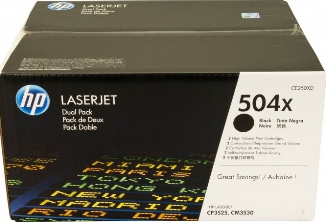 CE250XD (504X) оригинальный картридж HP для принтера HP Color LaserJet CM3530/ CM3530fs/ CP3525x/ CP3525n/ CP3525dn black, двойная упаковка 2*10500 страниц CE250XD (504X) оригинальный картридж HP для принтера HP Color LaserJet CM3530/ CM3530fs/ CP3525x/ CP3525n/ CP3525dn black, двойная упаковка 2*10500 страниц